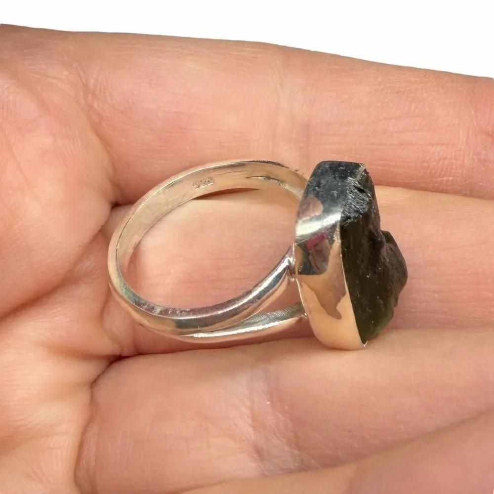 Moldavite Ring Size 8 Solid 925 Sterling Silver Natural Stone Crystal Raw Rough